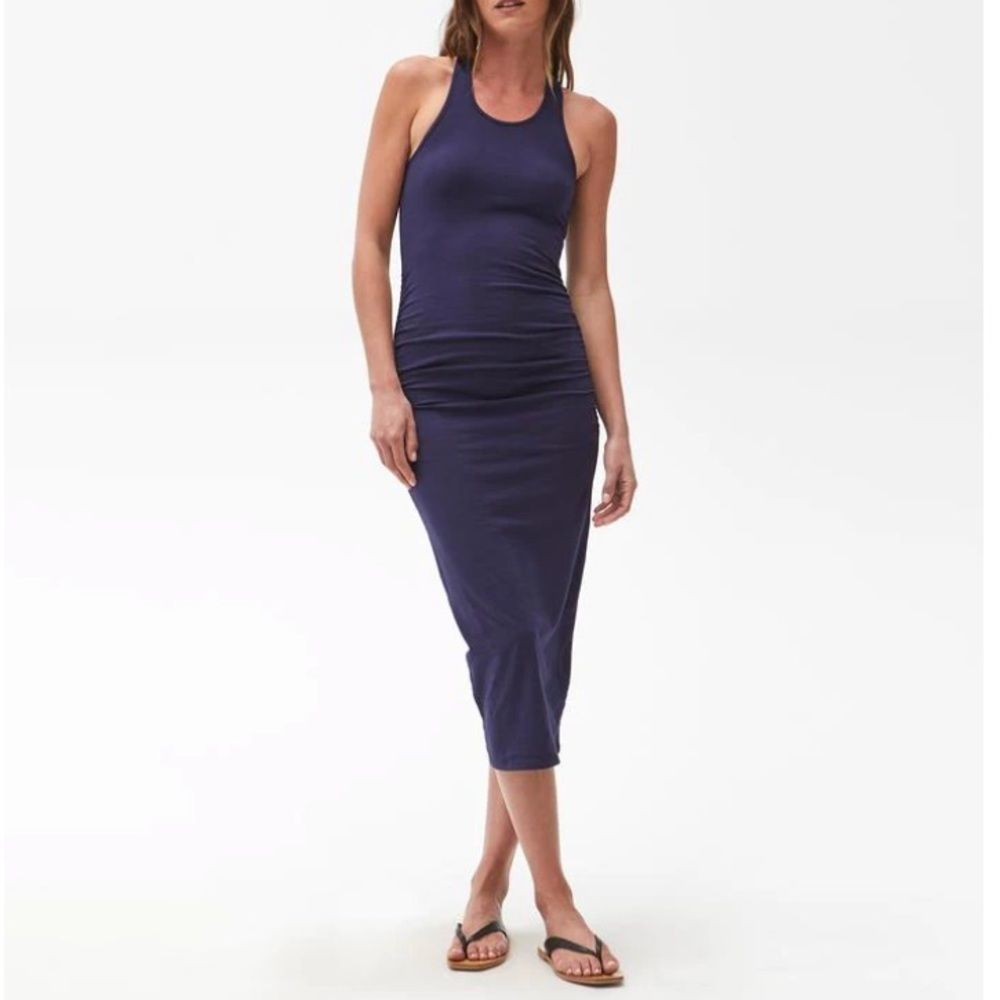 EUC// Michael Stars // Vivian racer back side ruched blue midi dress